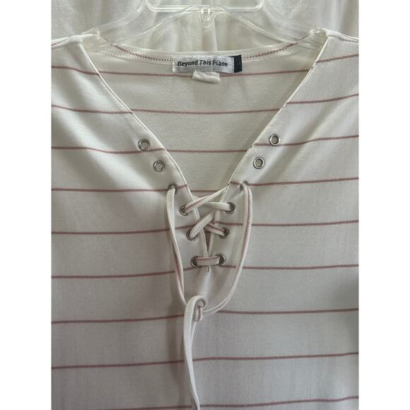 Beyond This Plane Dress - Large - Ivory Pink Stripe Lace Up Pocket Dress - Picture 4 of 5